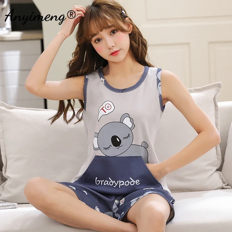 Pajamas for Women 2023 Summer New Fashion Home Clothes Sleeveless Soft Cotton Sleepwear Big Size 2xl 3xl Two Piece Set Nightwear