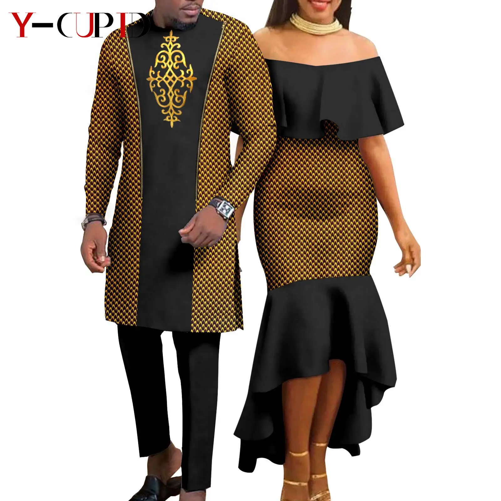 

African Matching Outfit for Couples Dashiki Women Slim Print Dresses Agbada Bazin Riche Men Top and Pant Sets Kaftan Y23C041