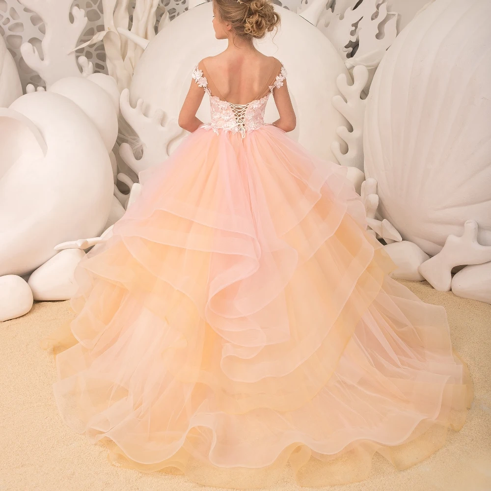 Lorencia Pink Flower Girl Dress Yellow Fluffy Tulle Lace Wedding Elegant Flower Child's First Communion Gown Party Dress YFD035