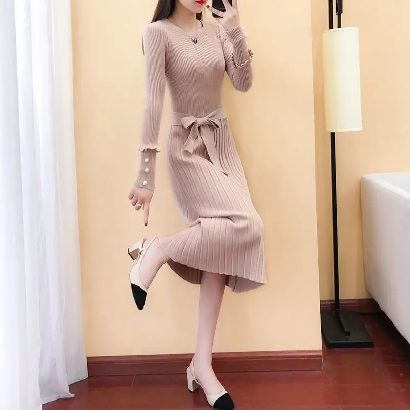 2023 New Dress Women\'s Woolen Dress Autumn Bottom Woolen Dress Mid Length Thin Waist Knitted Dress Women Dress