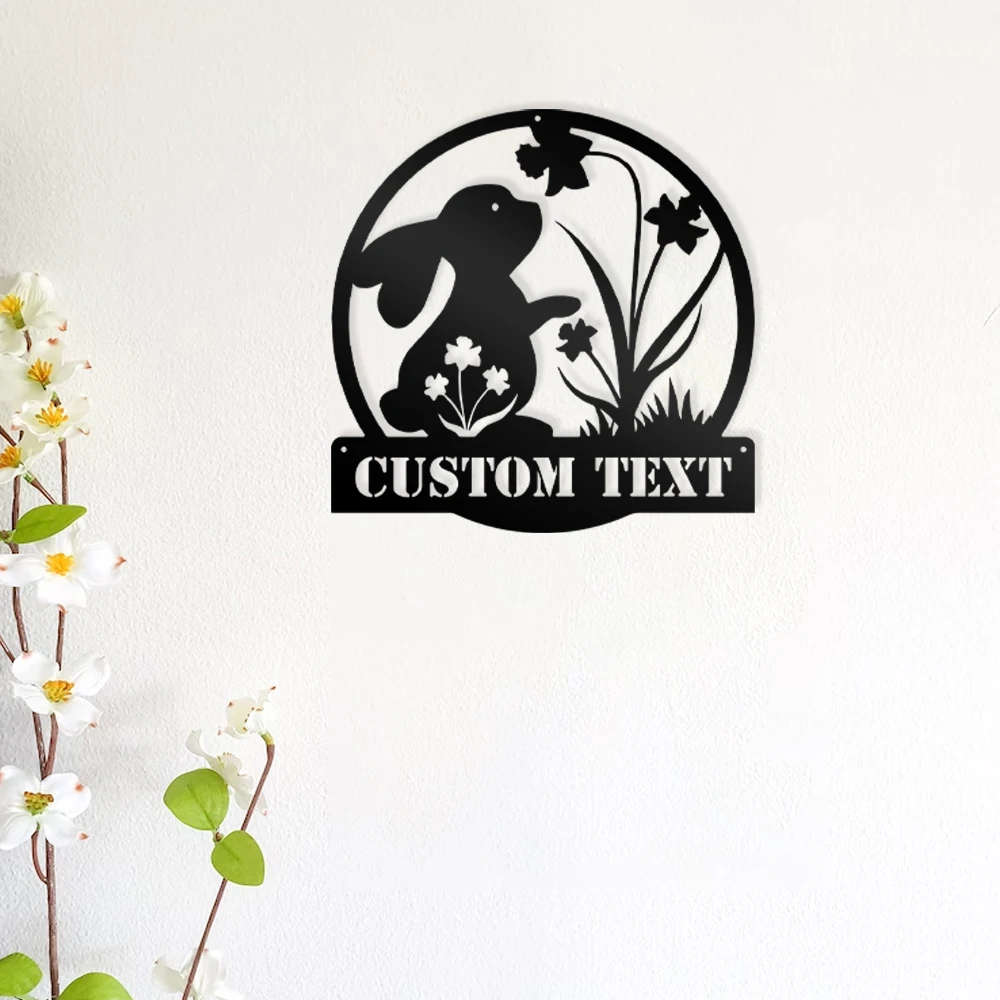 1pc cool rabbit with flower Personalized Text Tin Wall Signs Iron Wall Plaque For Living Room Kids Room