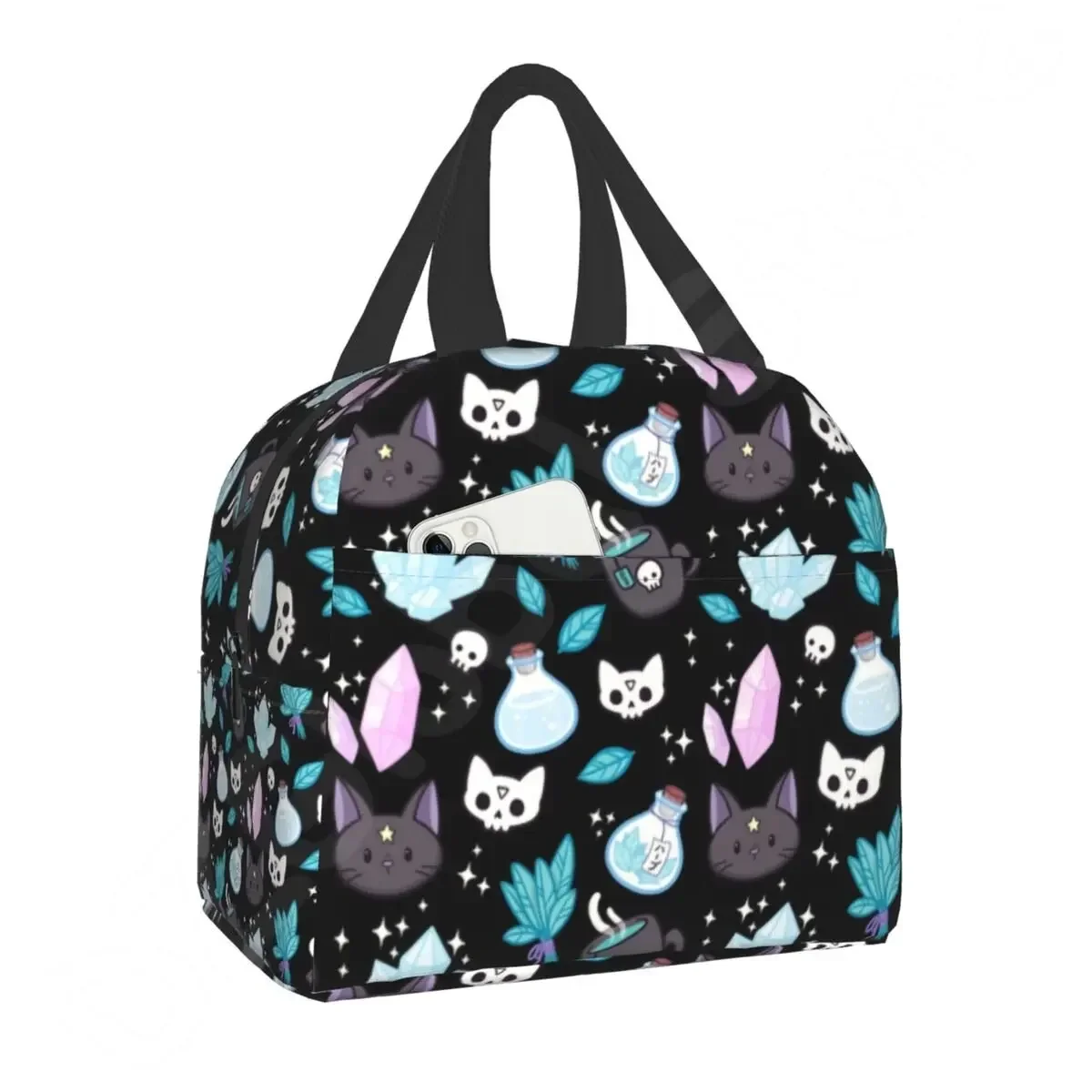 Herb Witch Pattern Insulated Lunch Bag for School Office Halloween Cat Skull Leakproof Cooler Thermal Bento Box Women Children