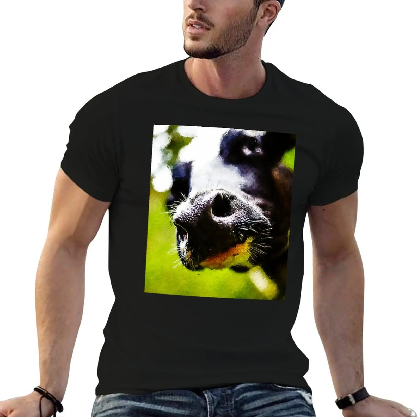 Cute Holstein Friesian Cattle nose portrait, Oil Painting Holstein Dairy Cow, Holstein Dairy Cow Oil Pastel Painting, Fr T-Shirt