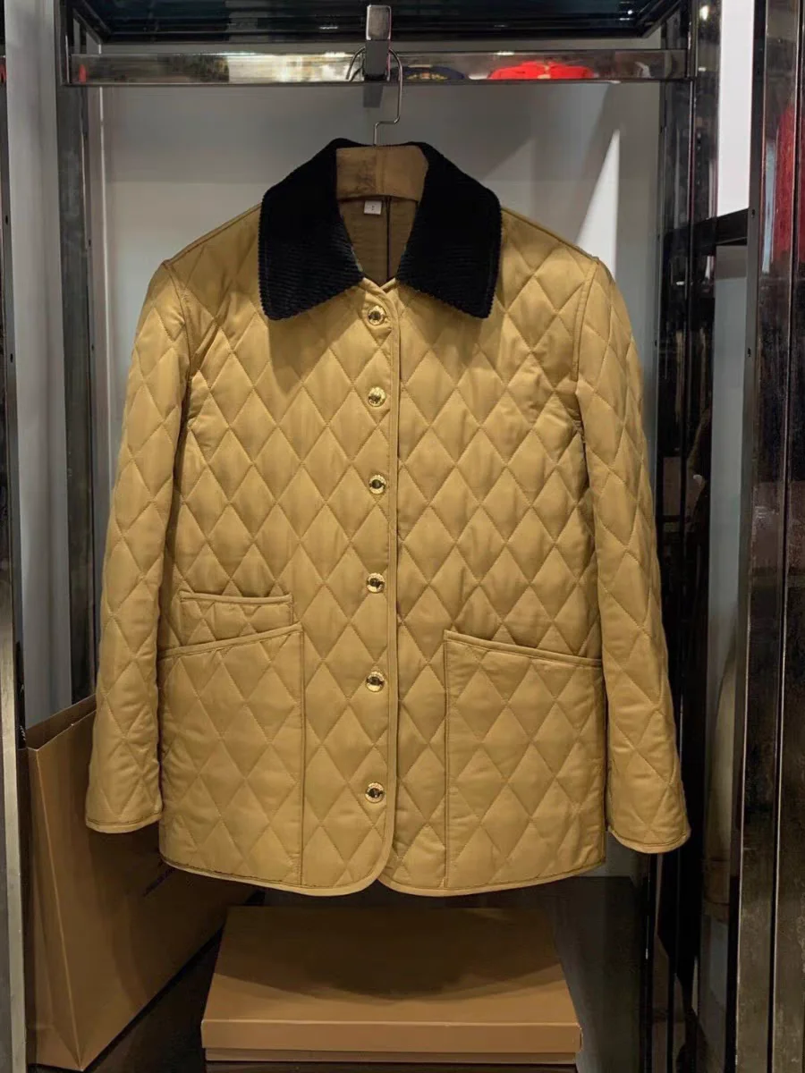 

Quali Autumn Winter Cotton Jaet Quilted Loose Straight Long Sve Diamond Pattern Cotton Coat Gold Armor Women's Faion