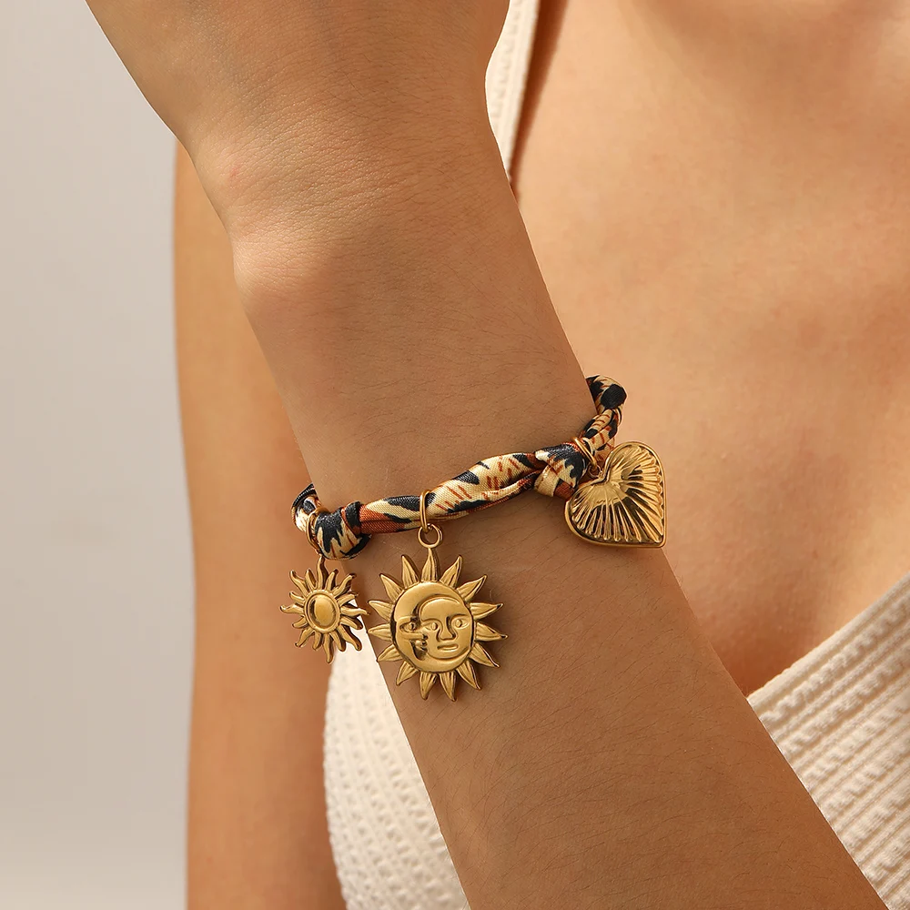 Stainless Steel Golden Sun Moon Heart Brown Maillard Ribbon Bracelet Lady New Fashion Classic Wrist Chain Jewelry
