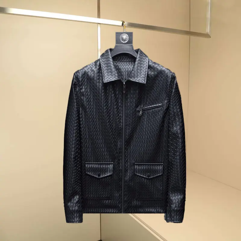 

Элитная мужская кожаная куртка с воротником из плетеной кожи, повседневная, модная, универсальная, для осеннего сезона