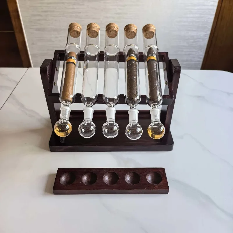 5 glass soaking tubes, cigar flavor display stand,  gift, retro cedar wood