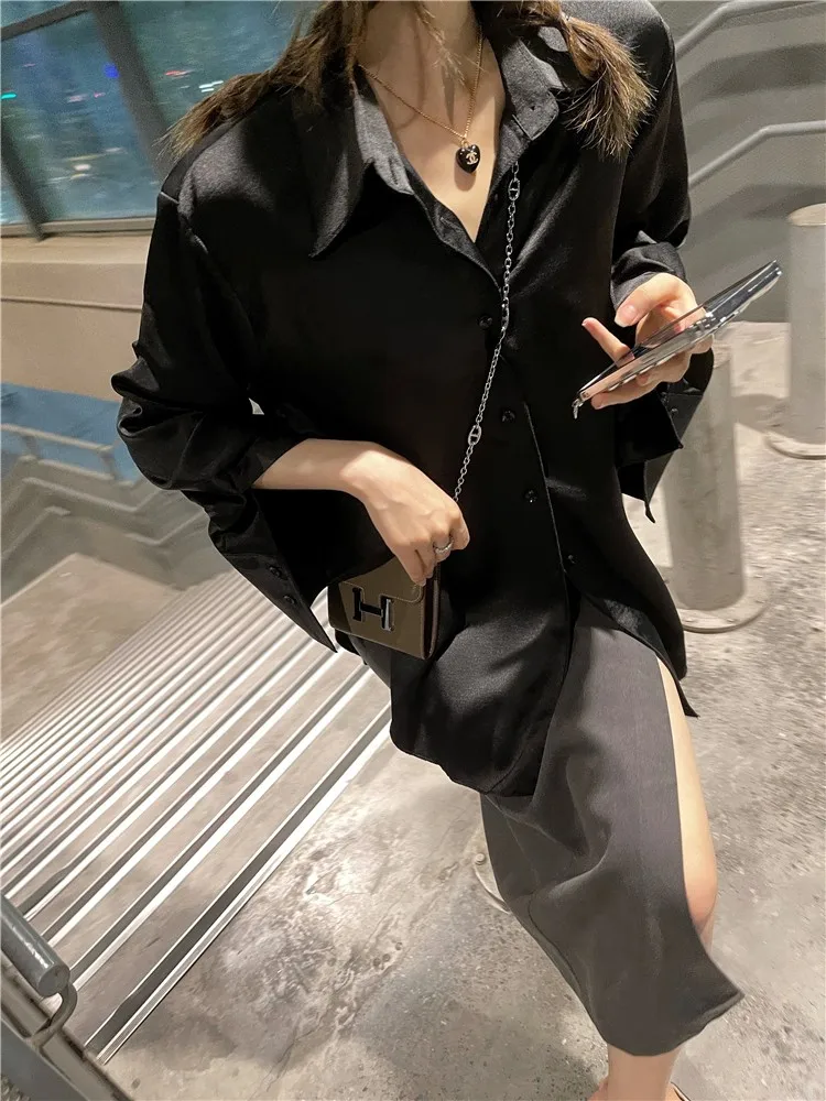 

Loose Long Bla Acetate irt Women's Pointed Collar Suit Sle irt Outerwear Slimming Top Faionable Casual Wear