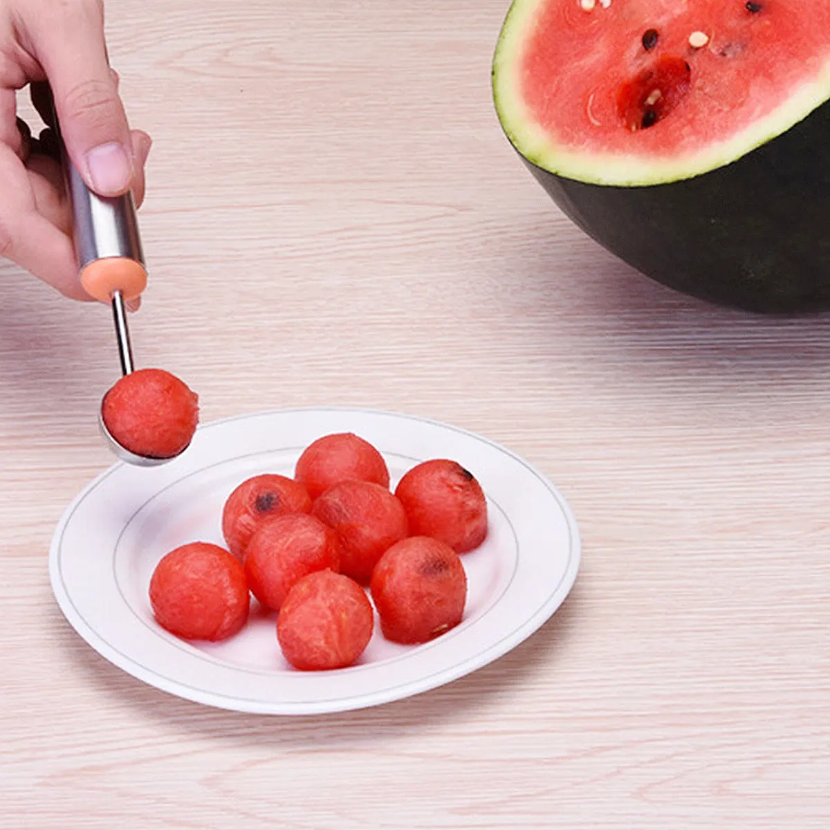 304 Stainless Steel Fruit Scoop Multifunctional Orange Handle Fruit Ball Cutter Tool for Melon Potato Cheese Ice Cream