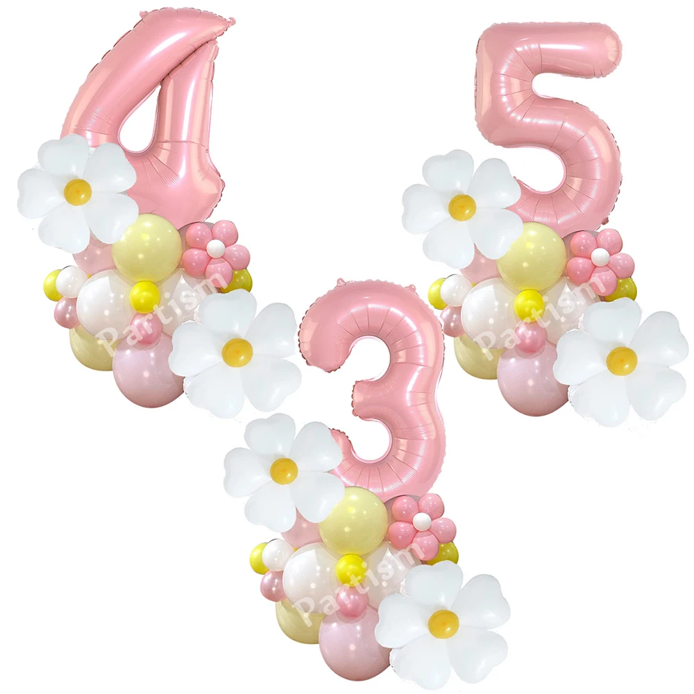 36pcs Daisy Flower Balloons Tower 32inch Pink Number Balloon for Kids Adults Happy Birthday Party Decoration DIY Party Supply