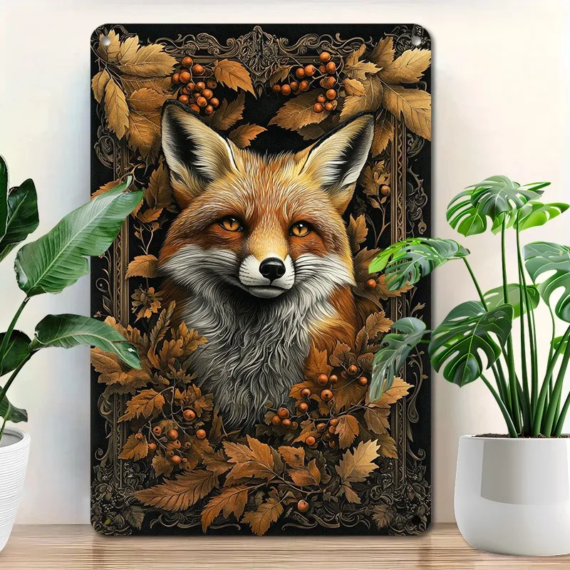 Decorative Aluminum Plaque: Exquisite Fox with Intricate Leaf and Berry Details, Perfect for Interior Wall Decoration, 7.9x11.8