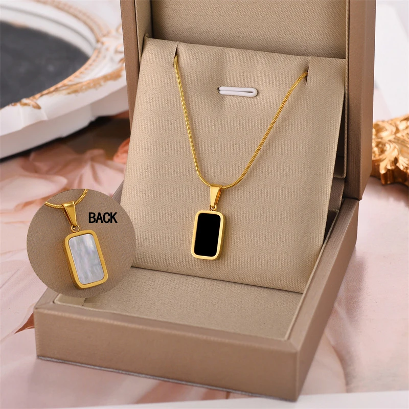 LAMENGLY 316L Stainless Steel Black White Double-Sided Simple Rectangle Pendant Necklace For Women Classic Non-Fading Neck Chain