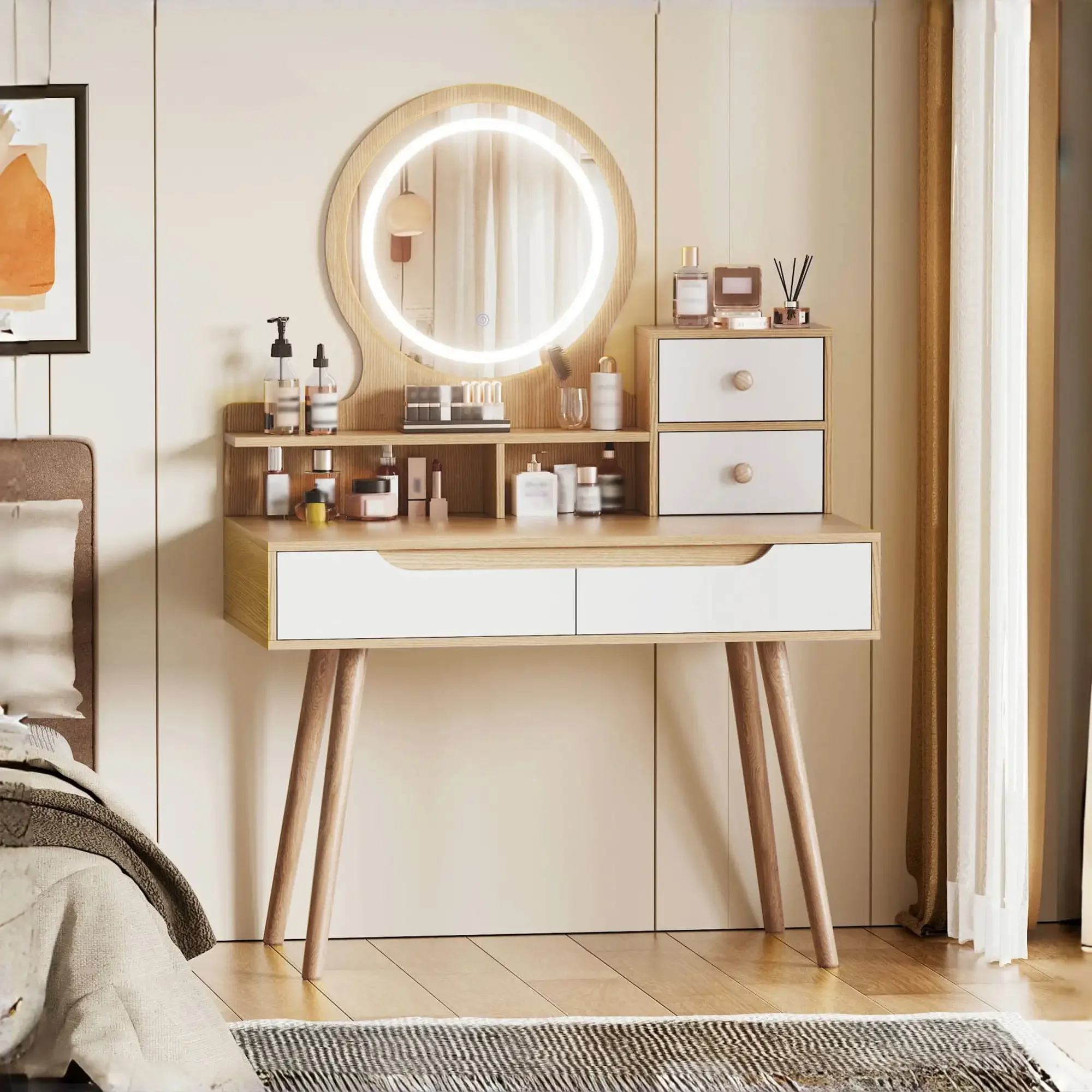 

A AJUNION Stylish Makeup Table Bedroom Dressing Table Wood Makeup Vanity Desk with Mirror and Lights