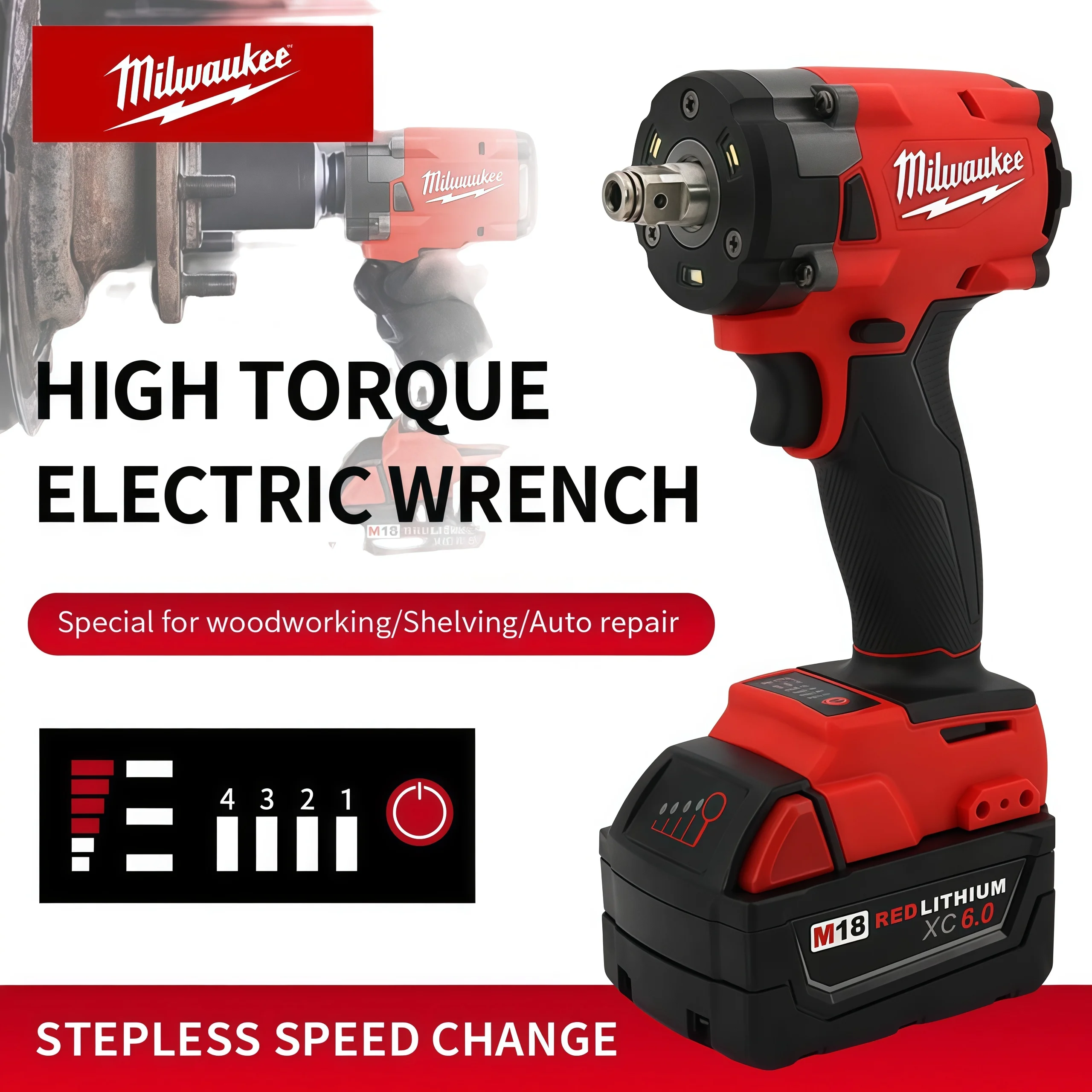 

Milwaukee 400N Brushless Cordless 1/2 Electric Wrench Car Truck Repair Screwdriver Impact Drill Rechargable For 18V Battery Tool