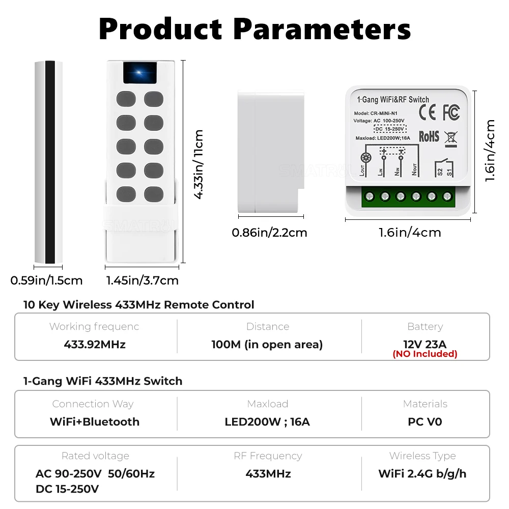 Tuya WiFi RF433 16A AC DC Smart Wireless Switch Light Mini 2 Way Module On Off Timer Breaker For Google Home Alexa