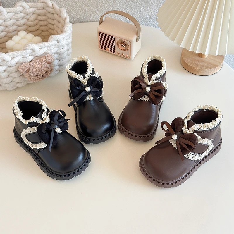 

Осенние детские ботильоны, новые милые элегантные кожаные ботинки принцессы для девочек, модные детские короткие сапоги с рюшами по краям, свадебная вечеринка