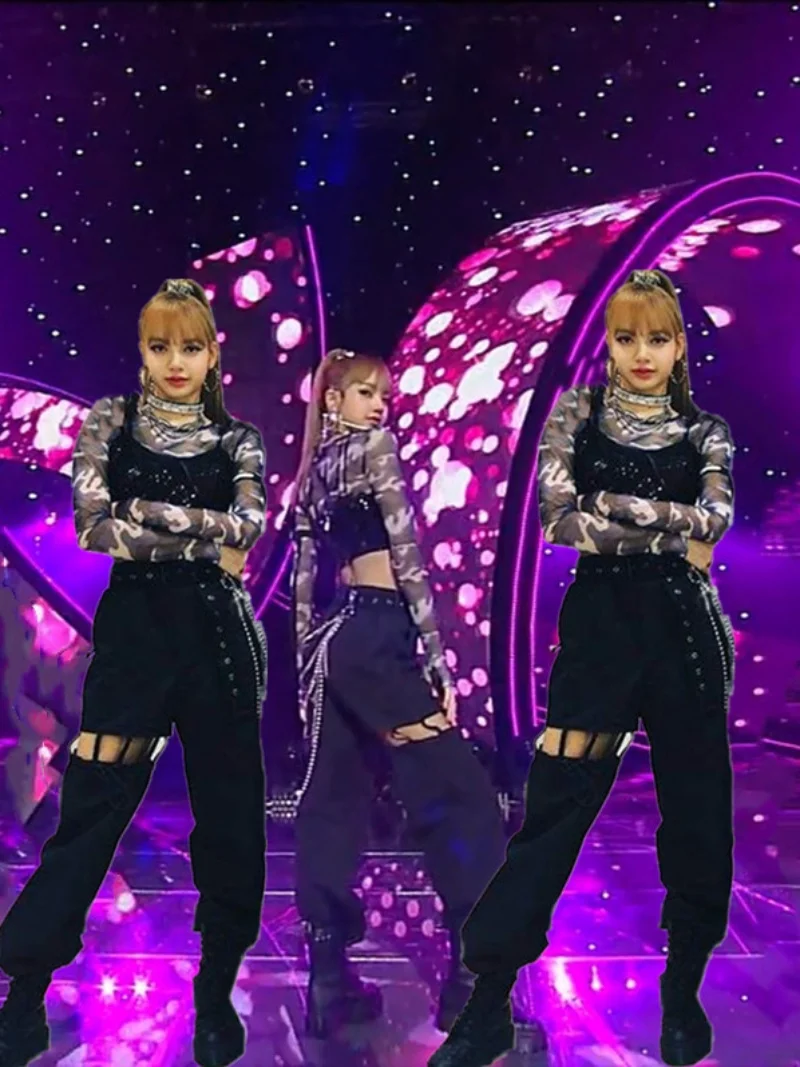 Lisa Camouflage Mesh Base Shirt Trousers Dance Outfit Korean Style Jazz Leading Lady Ensemble Spring Collection Polyester Fabric