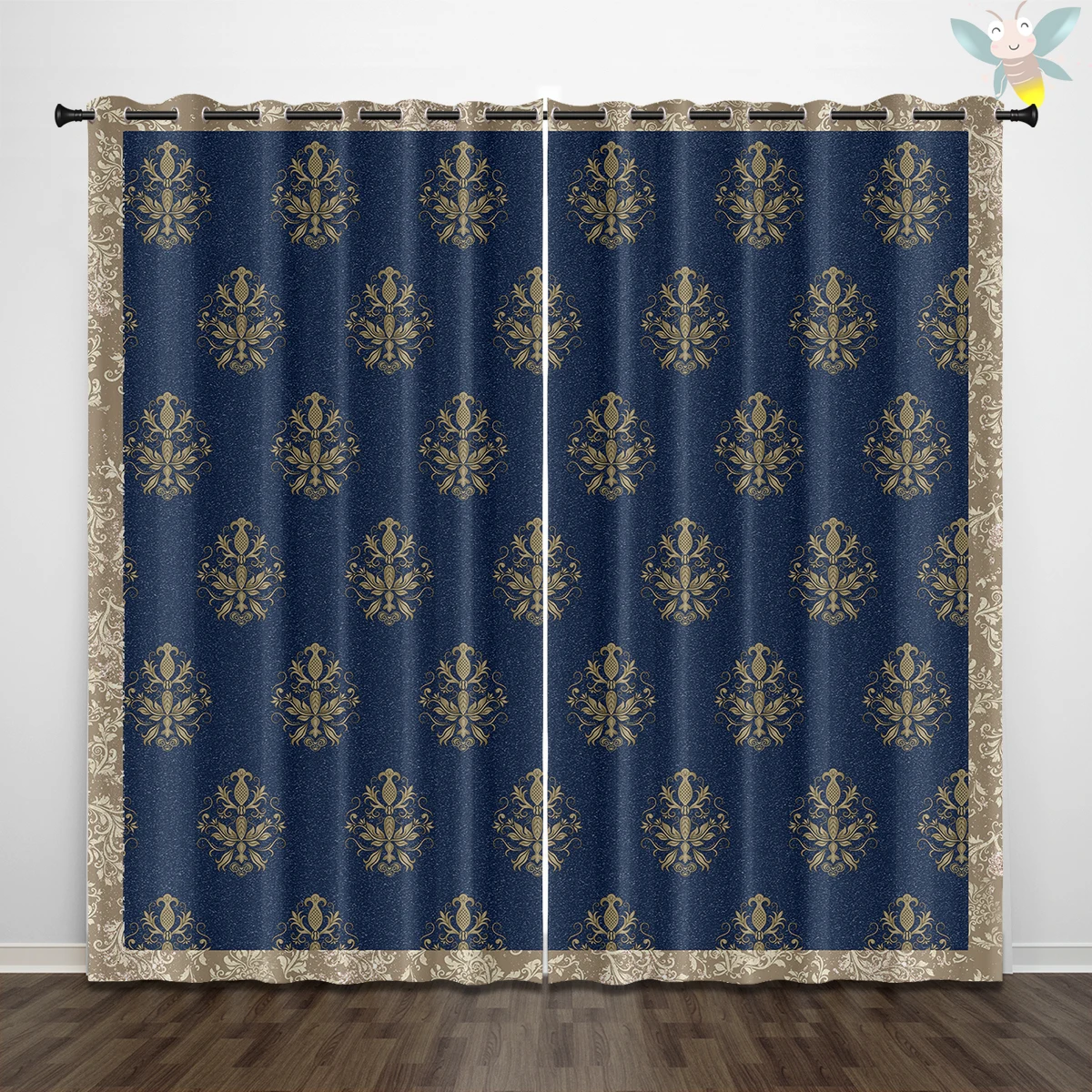 Navy Blue & Gold Damask Damask Stripe Blackout Curtains - Luxury Grommet Top Window Drapes for Bedroom & Living Room Decor