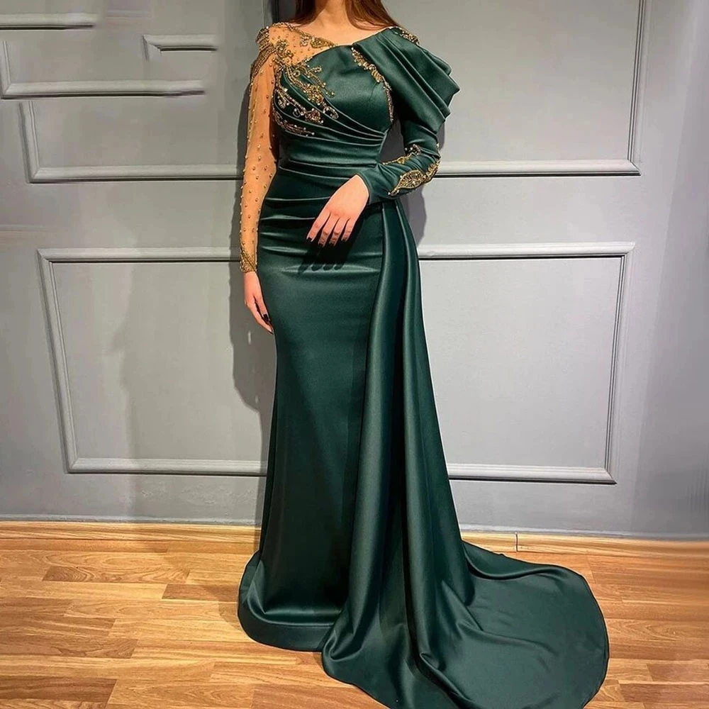 Green Evening Dresses Satin Pleated Long Sleeve Gorgeous Round Neck Women's Lace Applique Prom Gowns Formal Party Vestidos Robe