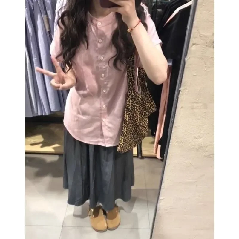 

Женская розовая хлопковая рубашка в корейском стиле с коротким рукавом, свободного кроя, повседневная блузка с V-образным вырезом, летняя