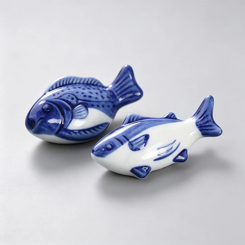 9pcs Ceramic Chopstick Rest Cute Blue Fish Utensil Holder Restaurant Spoon Stand Japanese Style Sushi Chopstick Stand for Table view 3