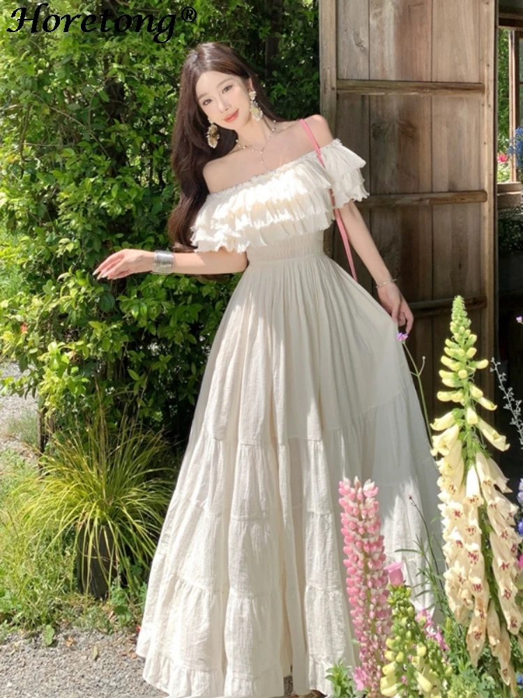 Horetong vestido francês elegante para mulheres, três camadas, borda com babados, pescoço grande, balanço, vestidos longos, novo vestido de férias de verão