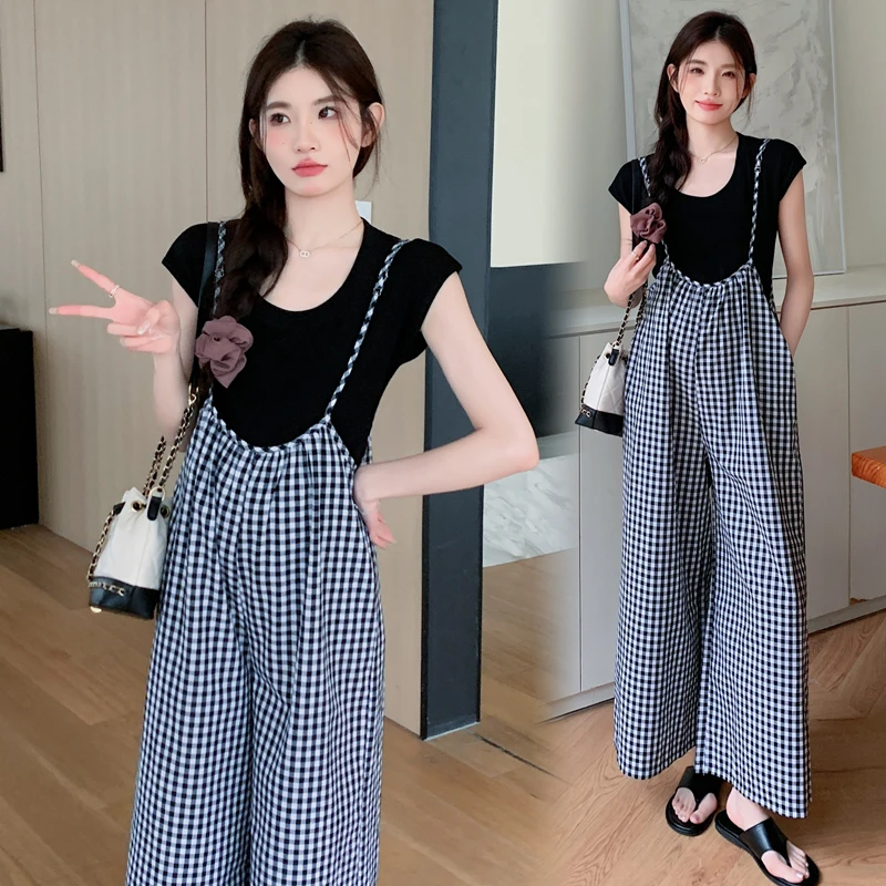 Summer Black White Strap Jumpsuits Short Sleeve Top Twinset Loose Casual Pregnant Woman Suits Korean Style Maternity Clothes Set