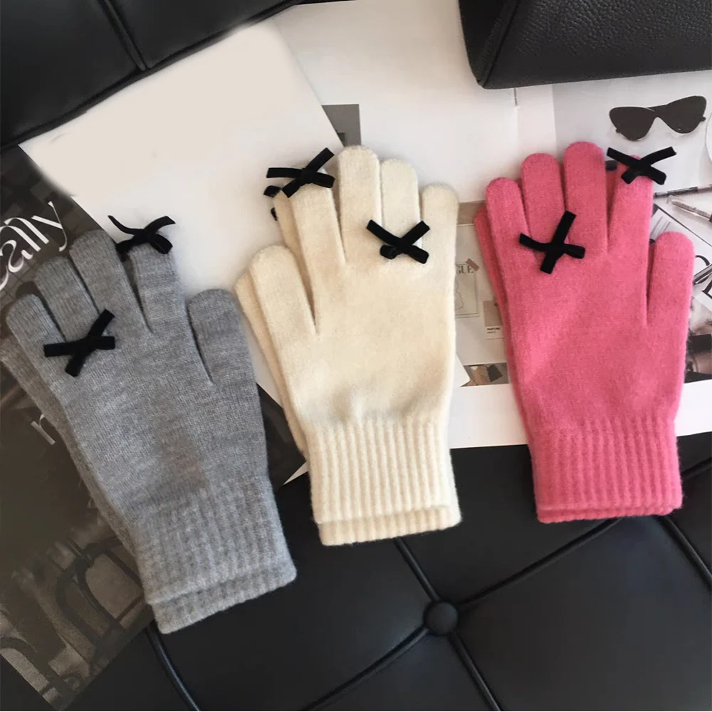 1 par de guantes mullidos con pantalla táctil para mujer, manoplas de punto antifrío para invierno, decoración con lazo negro, manoplas bonitas de