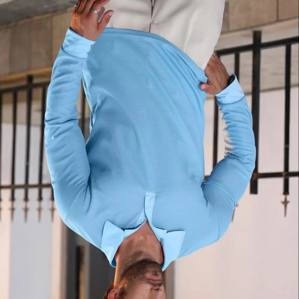 

Men Waffle Golf Shirt Spring and Autumn men's waffle collar casual vacation long sleeved top Men 1/4 Button Neck Office Shirts