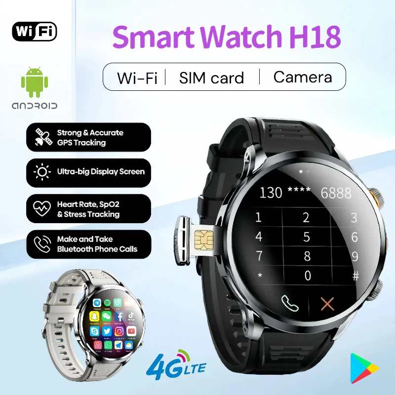 

H18 New Android Smart watch GPS WIFI 5G Smartwatch HD camera NFC App Download 64GB 128GB storage Smart watch for men and women