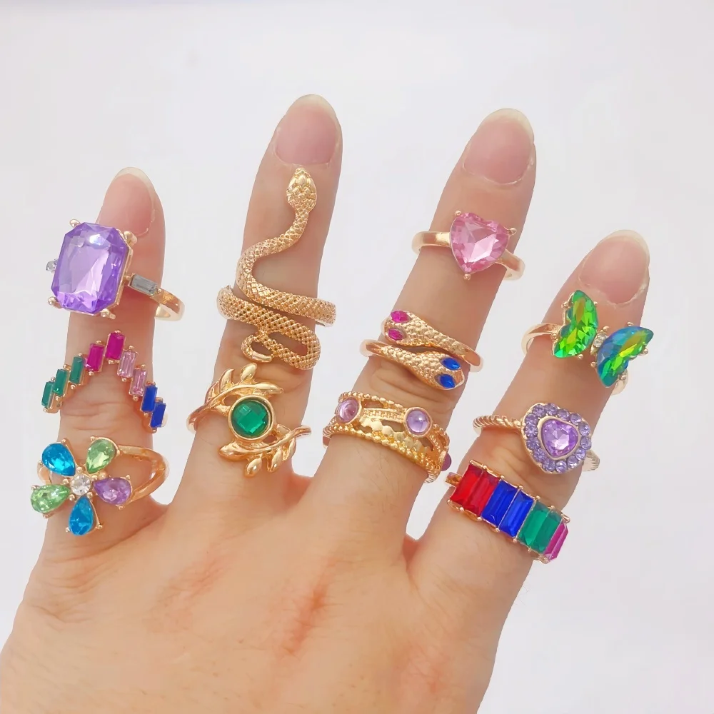 10/20/30/40/50 قطع الموضة الملونة حجر الراين خواتم مجموعة للنساء العصرية الأفعى فراشة القلب الحب مجوهرات هدايا الحفلات