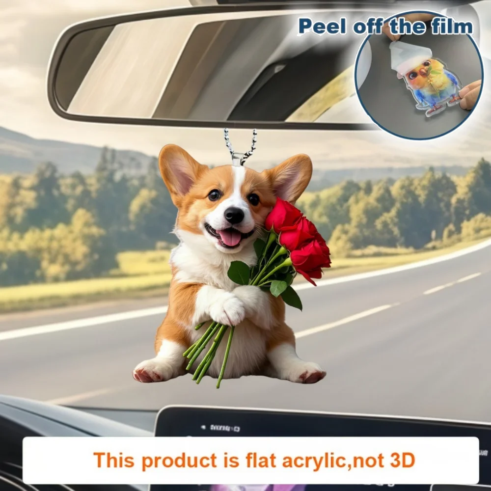 Cute Corgi & Rose Pendant Keychain,Chic Puppy 2D Flat Acrylic Hanging Charm,Decor for Car,Bag,Party,Festive-Valentine\'s Day Gift