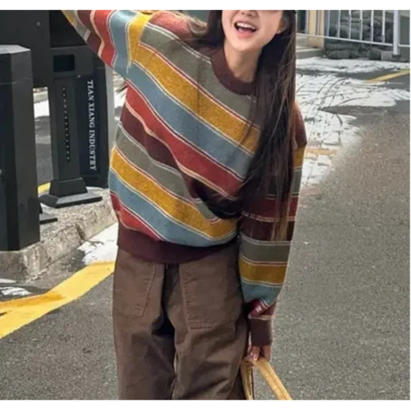 

Ленивый ретро красочный полосатый свитер женский с круглым вырезом осень-зима с длинным рукавом универсальный вязаный пуловер мягкий утолщенный топ