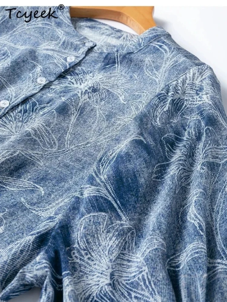Tcyeek 100% Real Silk Shirts for Women 2026 Spring Summer Cowboy Texture Casual Half-sleeve Top Clothes for Ladies Tops De Mujer
