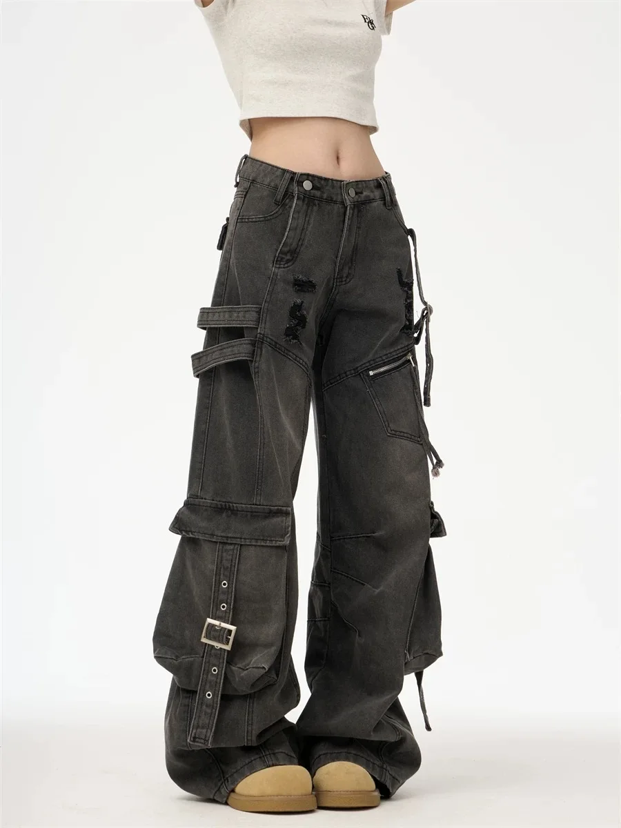 

Women Black Gothic Y2k Baggy Cargo Jeans Vintage Harajuku Ripped Jean Pants Japanese 2000s Style Oversize Denim Trousers Clothes