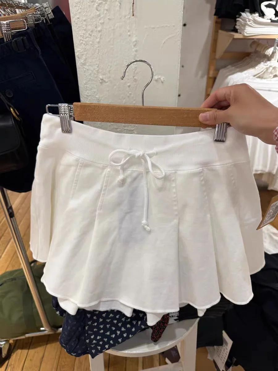 White Drawstring Mini Pleated Skirts Women Summer Low Waist A-line Short Faldas Solid Preppy Style Sweet Sport Skirt Y2k