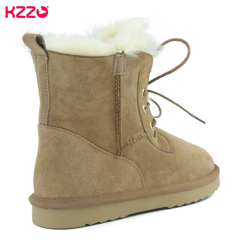 KZZO Women New Fashion Short Casual Lace-up Snow Boots Real Sheepskin Suede Leather Natural Wool Fur Lined Winter Warm Shoes