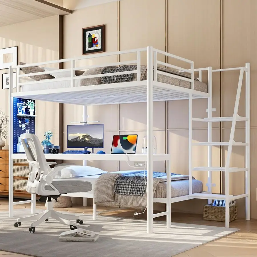 Cama con Escritorio, Luces LED y Estación de Carga, Literas Metálicas de Tamaño Matrimonial sobre Individual con Panel Perforado, Barandilla de Seguridad