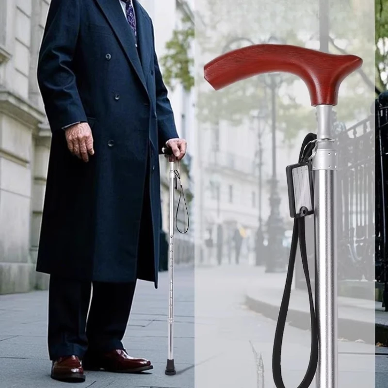 Aluminum Alloy Cane Walking Stick with Redwood Handle Strong Toughness Adjustable Length Crutches for The Elderly Rubber Base