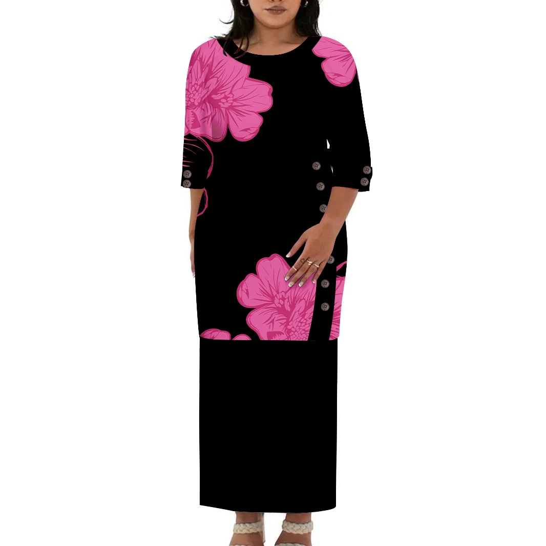 ชุดเดรสยาวไซส์ใหญ่สไตล์ฮาวายสำหรับผู้หญิง ออกแบบเองได้ ชุดโพลินีเซียนแบบโพเลตาซี ปตากา คอทรงโอ ชุดออกงาน 2 ชิ้น