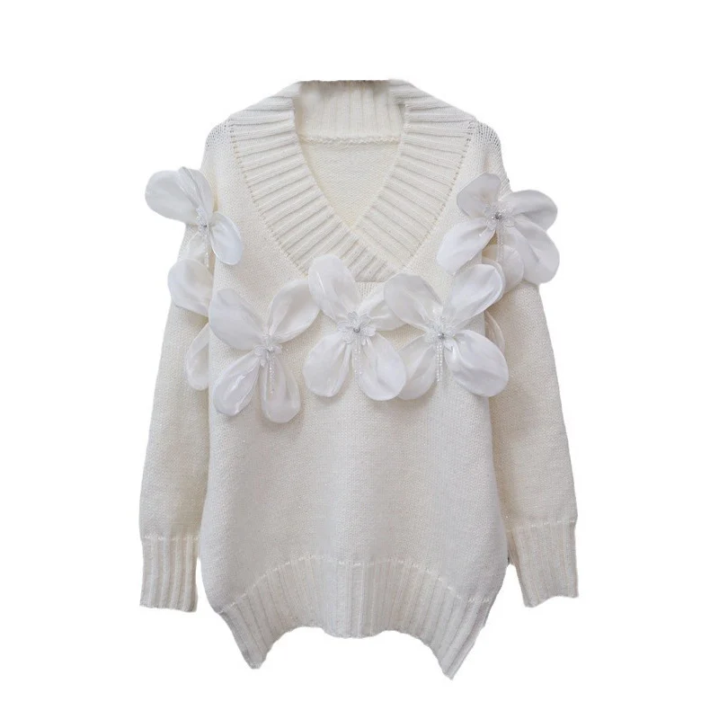 WTHT-Pull à col en V épissé Pearl Flower pour femmes, pulls tendance, manches longues, automne, nouveau, 2024, 1LS334