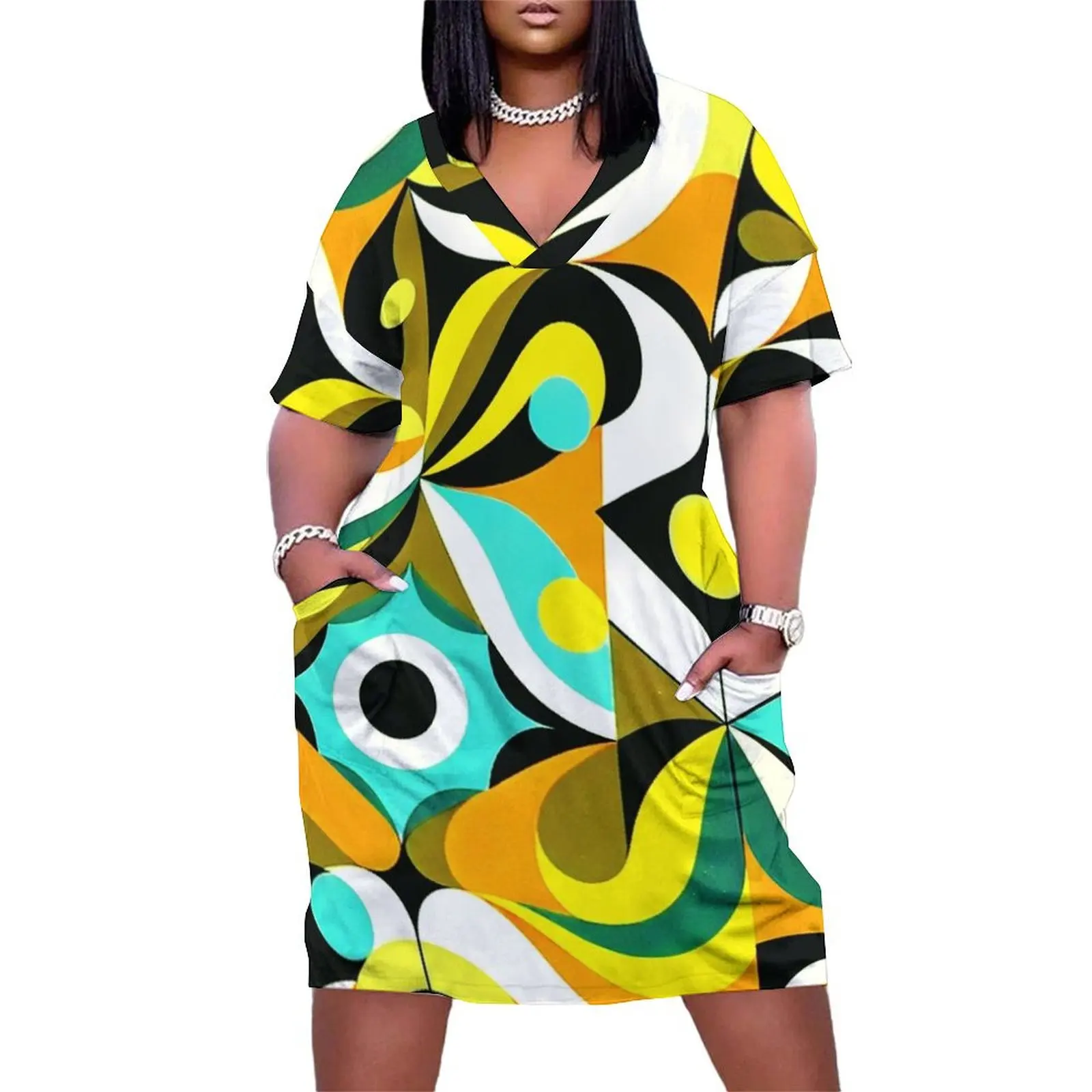 Mid-Century Modern Vibrantly Colorful Glamorous Geometric Loose Pocket Dress beach dresses summer dress woman 2025 trendy