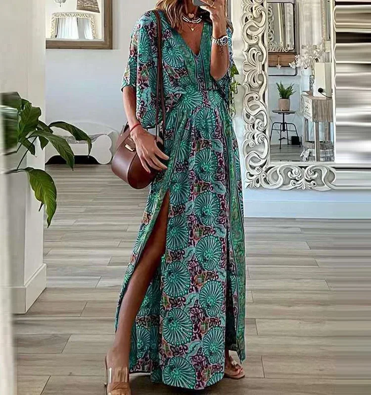 

Lady Sexy V Neck Short Sleeve Loose Hem Beach Dress Fashion Pattern Print Women Party Dress Bohemia Casual Side Split Long Dress