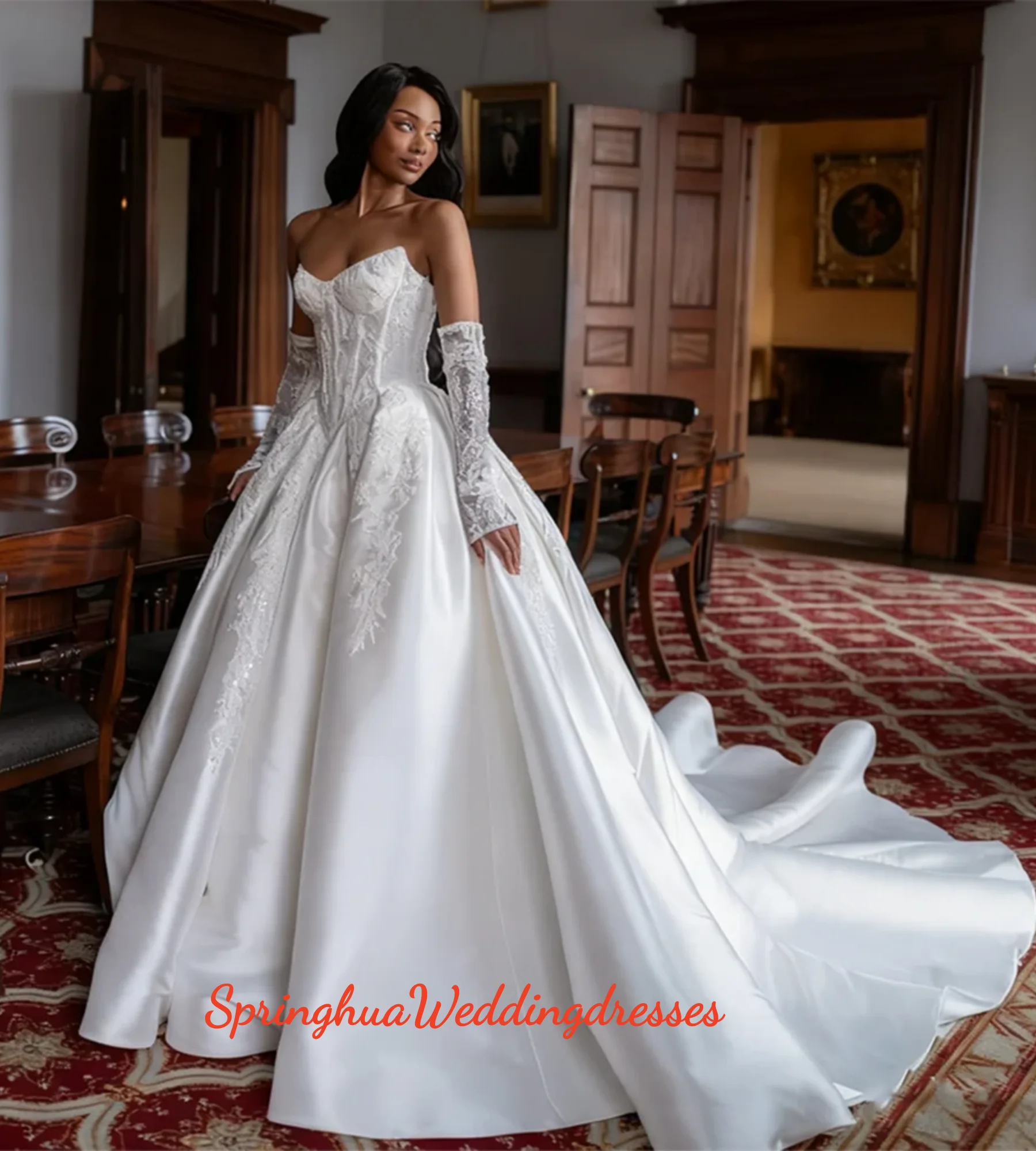 

Свадебное платье А-силуэта из атласа с индивидуальными аппликациями, вырезом «сердечко», короткими рукавами, шнуровкой на спине, длиной в пол и шлейфом.