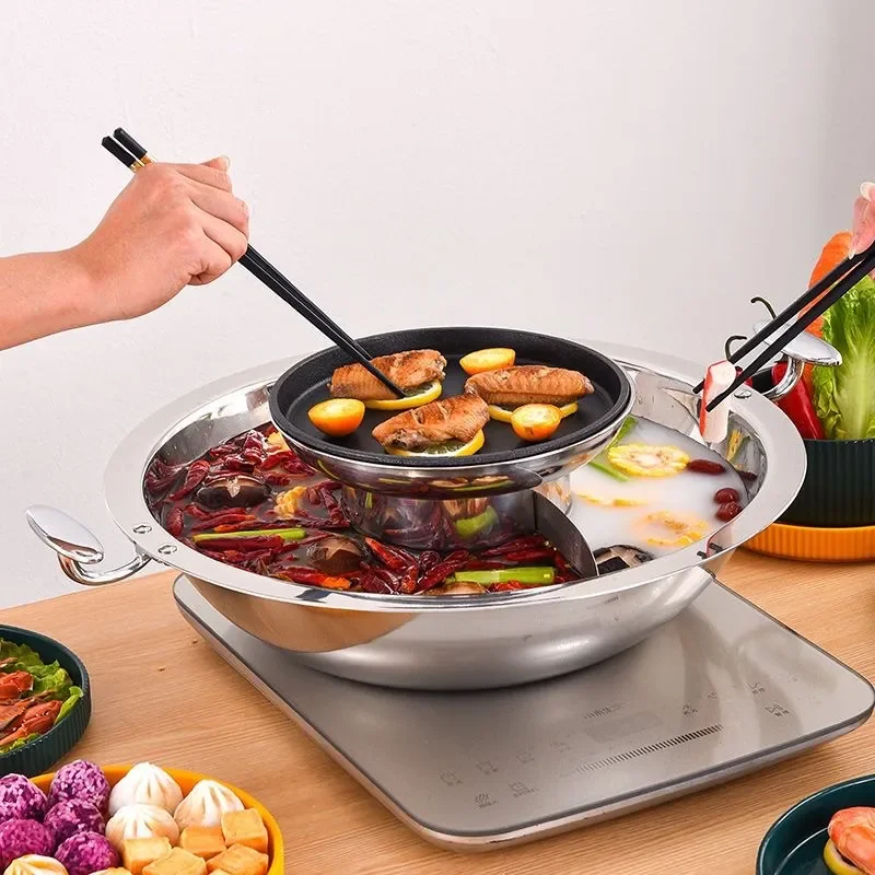 Three-layer steel 304 stainless steel shabu-roast integrated pot, barbecue, shabu, hot pot, mandarin duck commercial electric