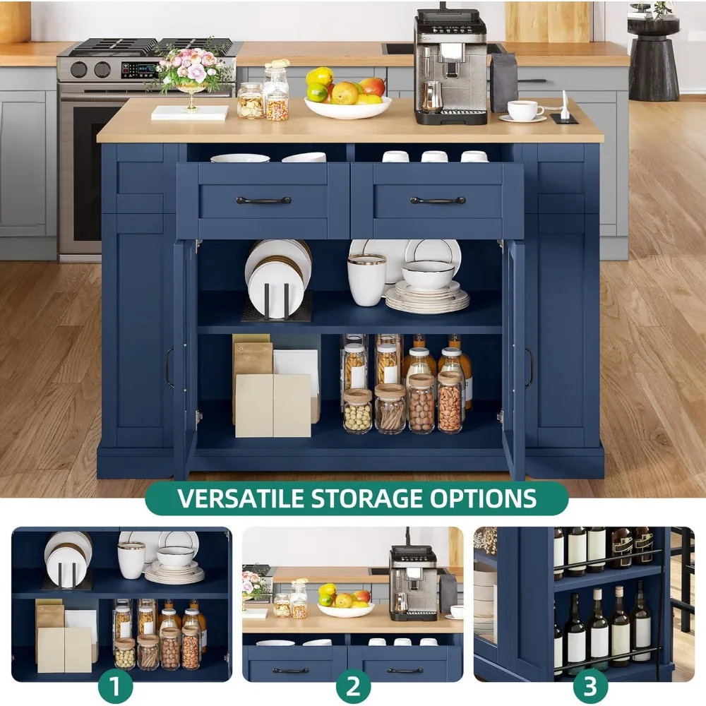 جزيرة المطبخ مع مقاعد، جزيرة تخزين متنقلة مقاس 47 بوصة مع أوراق قطرة، وطاولة جزر دوارة مع مخرج طاقة ومنفذ طاقة