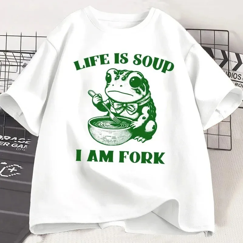Life Is Soup I Am Fork T-shirts for Men Women Funny Frog Relatable Life T Shirt Soft Summer Short Sleeve Tees Clothes  T Shirts