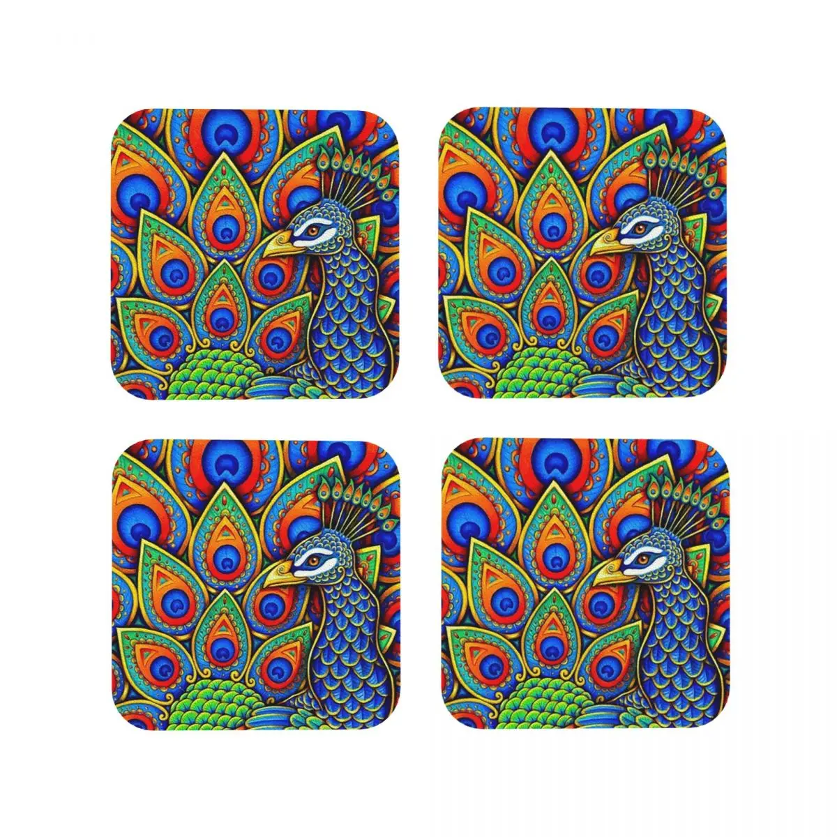 Colorful Paisley Peacock Rainbow Bird Coasters Kitchen Placemats Insulation Cup Coffee Mats For Home Tableware Pads Set of 4