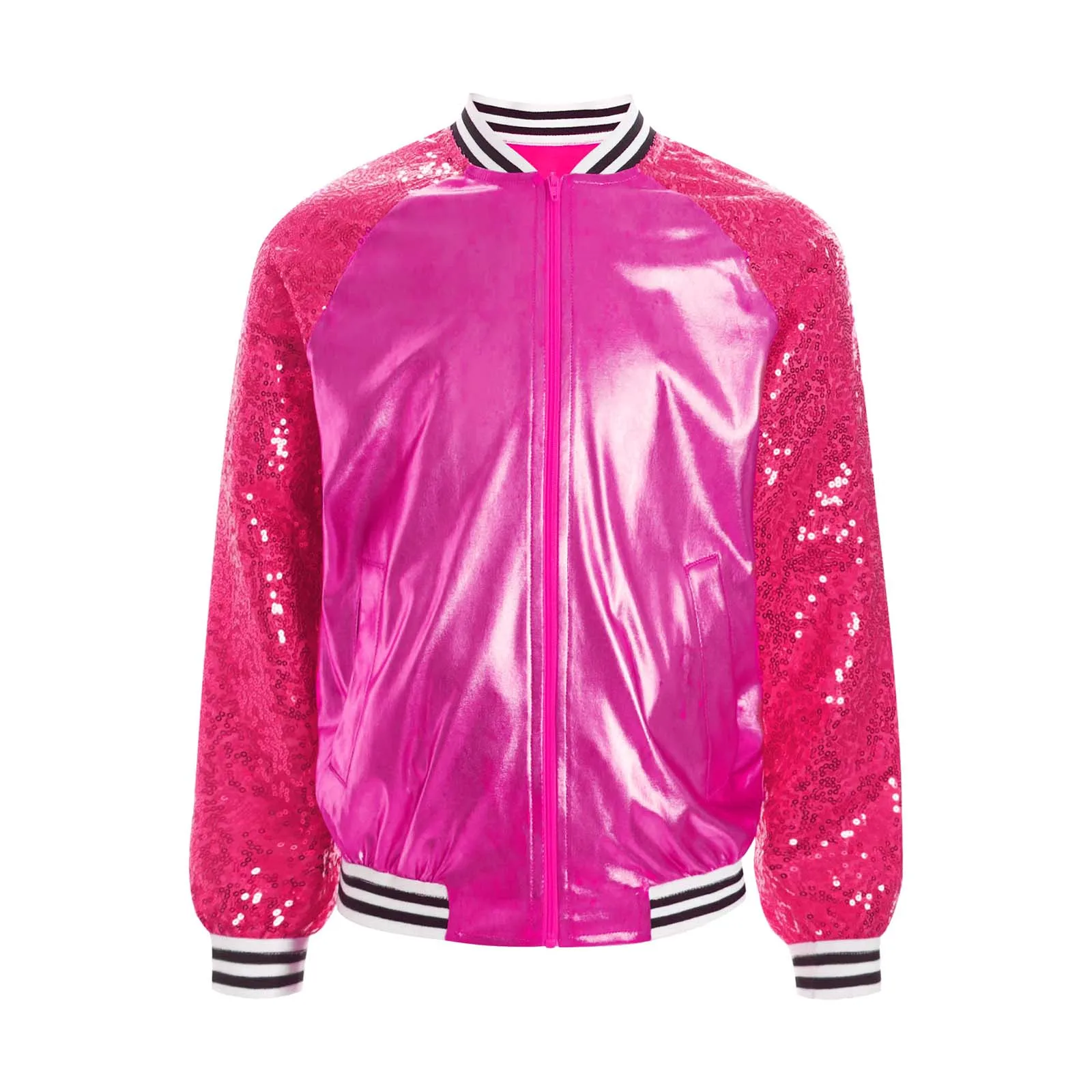 Girls Shiny Metallic Bomber Jacket Lightweight Sparkly Long Sleeve
