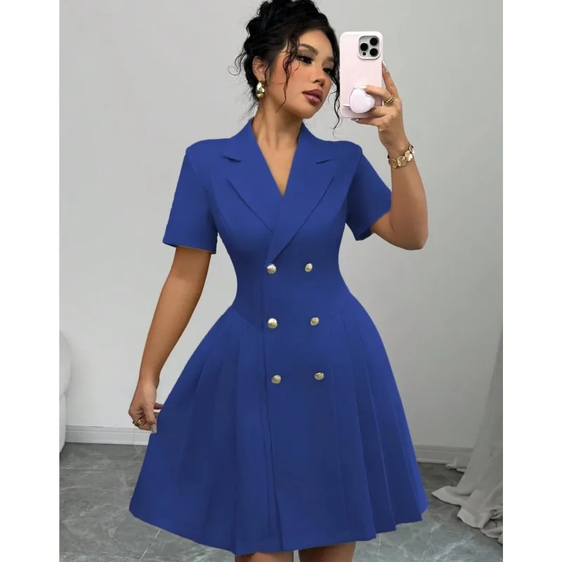 

Summer Elegant Solid Color Suit Dress Women V-neck Short Sleeved Double-breasted Waist Slim Fit Pleated Dresses Office Clothing